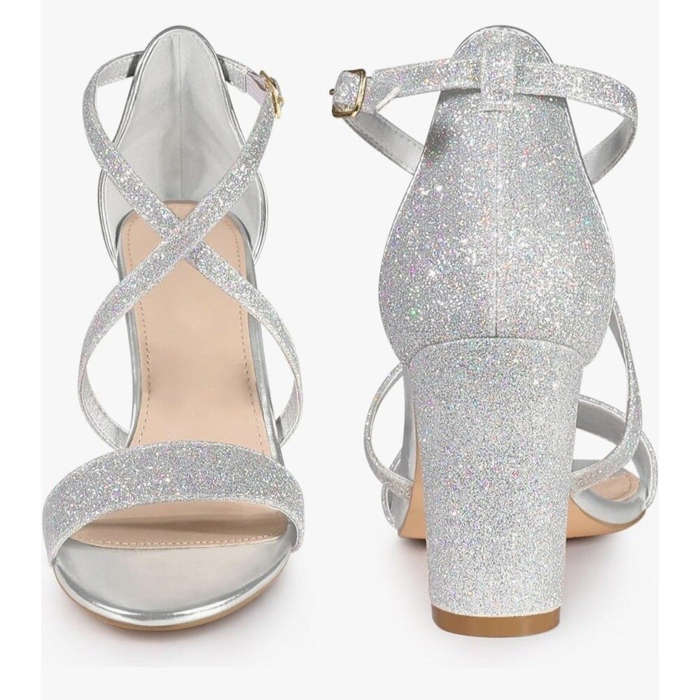 Perphy Silver Glitter Block Heel Sandals Women's Size 8 Ankle Strap Dress  NWOB - Picture 2 of 5